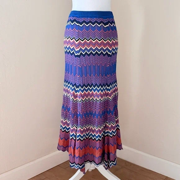 Sandro Paris Pointelle Chevron Zig Zag Knit Midi Skirt in Blue & Rust 2 US 6 - Picture 4 of 14